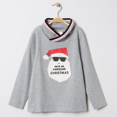 T-shirt manches longues print père Noël à col fantaisie - Gris moyen