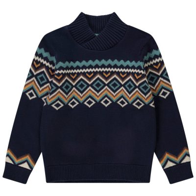 Pull en tricot avec col croisé et motif en jacquard pour garçon - Bleu