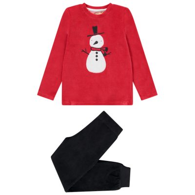 Pyjama 2 pièces en velours patch brodé bonhomme de neige pour garçon - Rouge