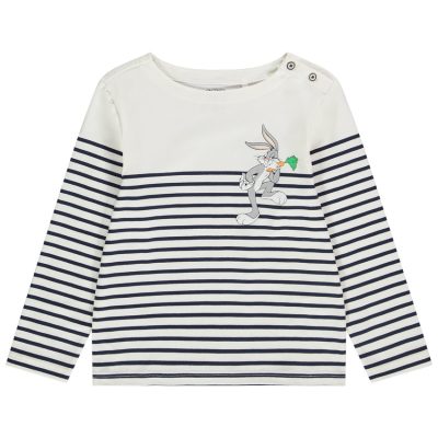 T-shirt manches longues en jersey esprit marinière avec patch print Bugs Bunny pour garçon - Bleu foncé