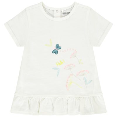 T-shirt volanté à manches courtes en jersey avec broderies pour bébé fille - Ecru
