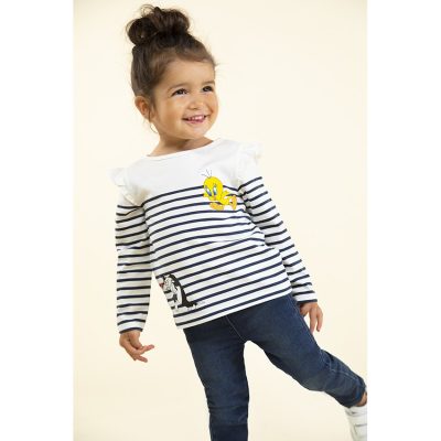 T-shirt manches longues en jersey esprit marinière print et broderie Titi et Grosminet pour bébé fille - Bleu foncé