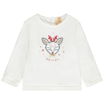 Pull de Noël en jersey avec patch brodé cerf pour bébé fille - Blanc