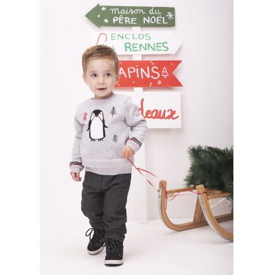 Pull de Noël en tricot motif pingouin et sapins pour bébé garçon - Gris clair
