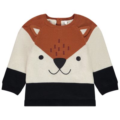 Pull en tricot contrecollé effet color block avec broderies renard pour bébé garçon - Ecru