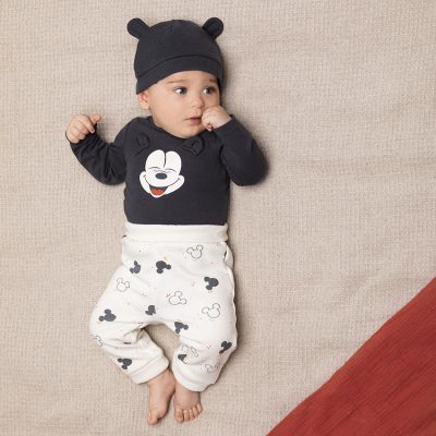 Ensemble en coton bonnet + body + pantalon imprimé Mickey Disney pour bébé garçon - Gris foncé