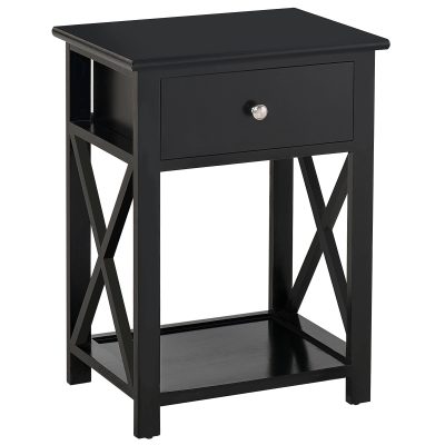 HOMCOM Table de chevet table de nuit style cosy avec croix latérales tiroir et étagère bois et MDF noir
