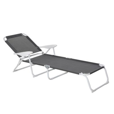 Outsunny Chaise longue bain de soleil pliable 4 positions avec accoudoirs revêtement tissu textilène métal époxy 160 x 66 x 80 cm gris foncé