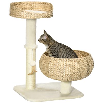 PawHut Arbre à chat griffoir 2 niveaux hauteur 72 cm poteau sisal avec niche et plateforme 1 balle suspendue