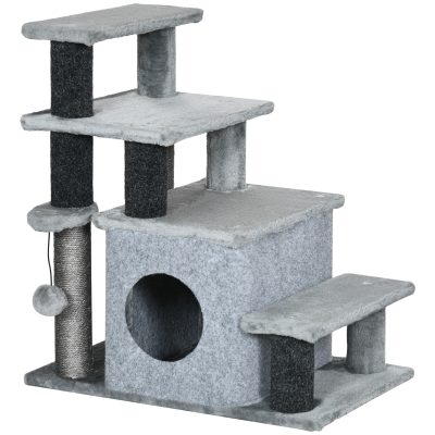 PawHut Escalier pour chat arbre à chat hauteur ajustable 3 ou 4 marches avec niche balle suspendue 60 x 40 x 66 cm gris   Aosom France