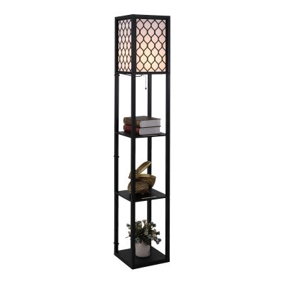HOMCOM Lampadaire lampe sur pied moderne avec étagères ouvertes à 4 niveaux Grand écran de rangement et noir abat-jour tissu motif nid d'abeille MDF