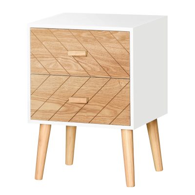 Homcom Chevet table de nuit design scandinave 40L x 30l x 56H cm 2 tiroirs bois massif pin MDF blanc et hêtre motif graphique