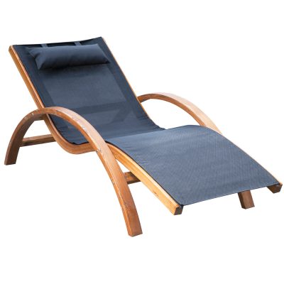 Outsunny Bain de soleil avec tétière rembourrée design ergonomique revêtement textilène bois massif de pin 165 x 72 x 86 cm teck et noir