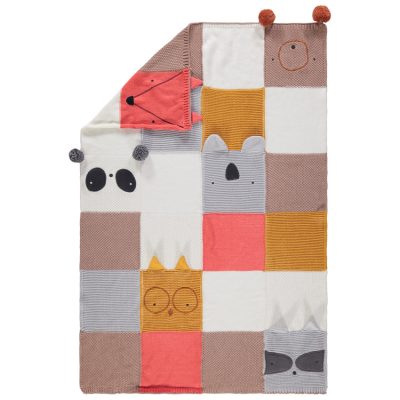 Couverture en tricot à animaux fantaisie effet patchwork - Ecru