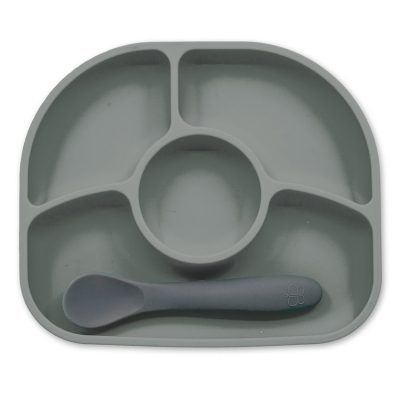 Assiette anti-dégât avec cuillère en silicone - Gris - Gris