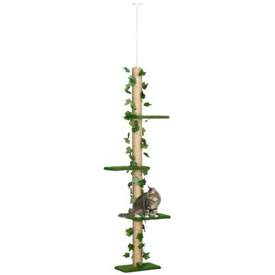 PawHut Arbre à chat poteau à griffer fixation plafond hauteur réglable 37 x 21 x 202- 242 cm 4 niveaux vert