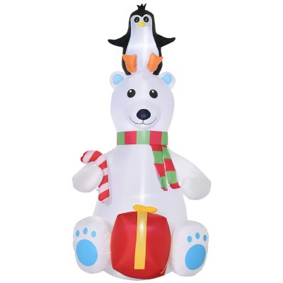 Outsunny 7ft Christmas Inflatable Polar Bear with Penguin on Head with Candy Cane and Gift Box