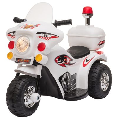 HOMCOM Moto électrique pour enfants de 18 à 36 mois  chopper police  3 roue  6v  effets lumineux et sonores  vitesse max. 3 km/h  topcase  blanc