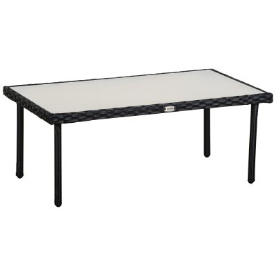 Outsunny Table basse de jardin résine tressée table à manger extérieur plateau verre trempé châssis métal 90 x 50 x 35 cm noir