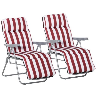 Outsunny Lot de 2 chaise longue bain de soleil adjustable pliable transat lit de jardin en acier rouge + blanc-AOSOM.fr