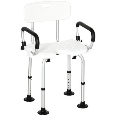 HOMCOM Chaise de douche siège de douche ergonomique  hauteur réglable pieds antidérapants charge max. 136 kg alu HDPE blanc   Aosom France