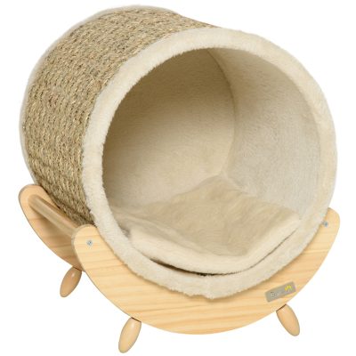 PawHut Maison niche pour chat sur pieds avec coussin amovible et griffoir - bois de pin - naturel