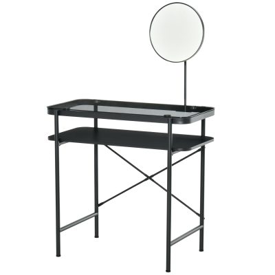 HOMCOM Coiffeuse table de maquillage design contemporain plateau verre trempé étagère miroir pivotant métal 80 x 45 x 130 cm noir