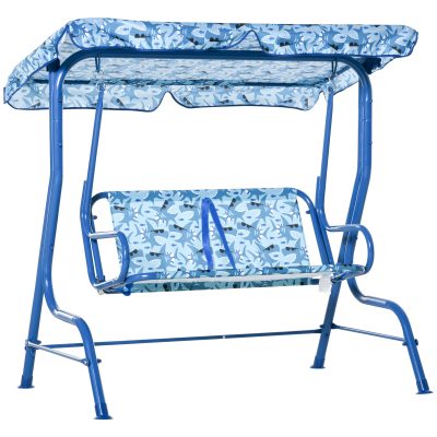 Outsunny Balancelle de jardin pour enfant 2 places balançoire avec auvent réglable 2 ceintures de sécurité ajustables motif coloré tissu Oxford bleu