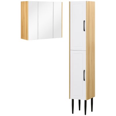 kleankin Lot de meuble à miroir et meuble colonne de salle de bain multi-rangement étagères réglables aspect chêne clair blanc
