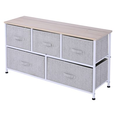 HOMCOM Commode meuble de rangement dim. 100L x 30l x 54H cm 5 tiroirs non-tissés gris structure acier blanc plateau MDF bois clair