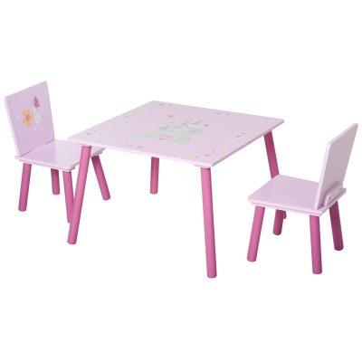 HOMCOM Ensemble Table et 2 Chaises Enfant Bureau pour Enfant Table de Jeu Design Princesse Motif château Bois pin MDF Rose   Aosom France