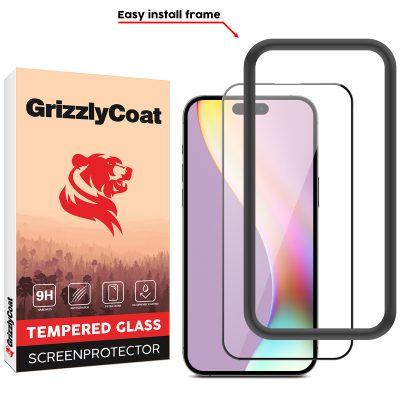 GrizzlyCoat Easy Fit - Apple iPhone 15 Plus Verre trempé Protection d'écran - Compatible Coque + Cadre d'installation - Noir