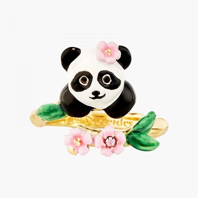 Bague ajustable panda et fleurs