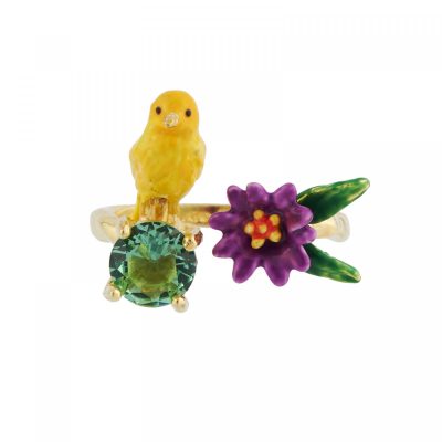 Bague ajustable petit canari jaune sur fleur et verre taillé