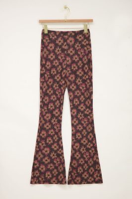 Pantalon flared noirà imprimé floral marron et rose | My Jewellery