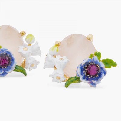 Boucle d'oreilles tiges quartz rose et composition florale