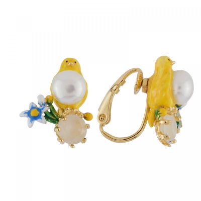 Boucles d'oreilles clip canari jaune et perle sur verre taillé