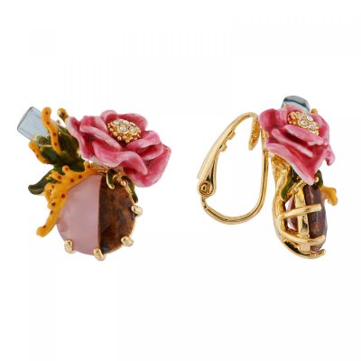 Boucles d'oreilles clip cristal et fleur rose sur pierre bicolore