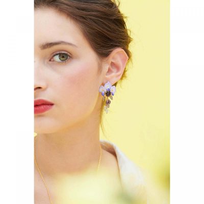 Boucles d'oreilles clip fleur de glycine et perles et pierre de verre facetté