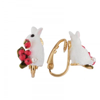 Boucles d'oreilles clip lapin blanc pailleté et petites baies rouges