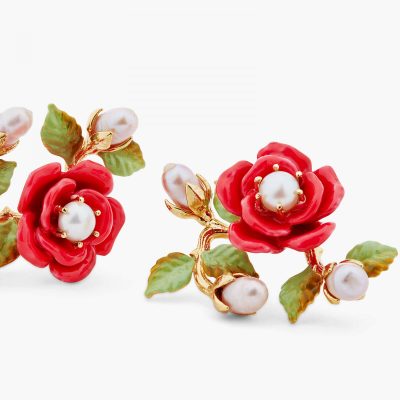 Boucles d'oreilles clips branche de rose et perles de culture