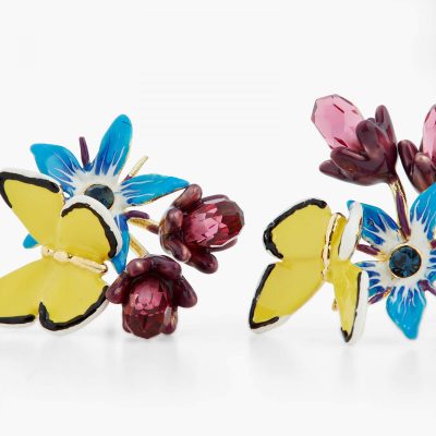 Boucles d'oreilles clips fleur bleue et papillon jaune