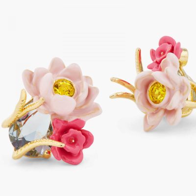 Boucles d'oreilles clips lotus rose et pierre bleu clair