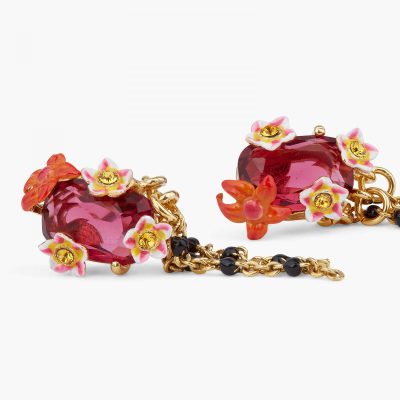 Boucles d'oreilles clips pendantes cristal facetté et fleurs exotiques