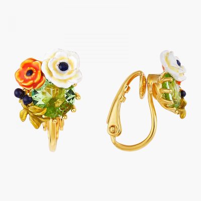 Boucles d'oreilles clips pierre de verre facetté et fleurs de pavot
