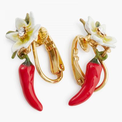 Boucles d'oreilles clips piment rouge et fleur
