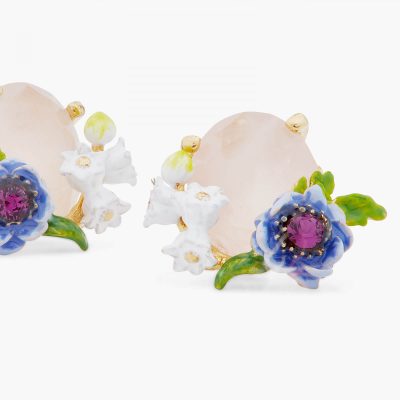 Boucles d'oreilles clips quartz rose et composition florale