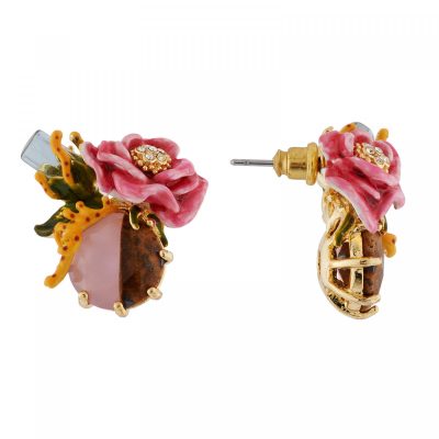 Boucles d'oreilles cristal et fleur rose sur pierre bicolore