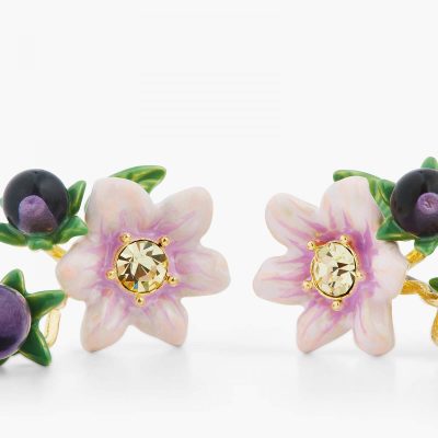 Boucles d'oreilles pendantes clips aubergines et fleur
