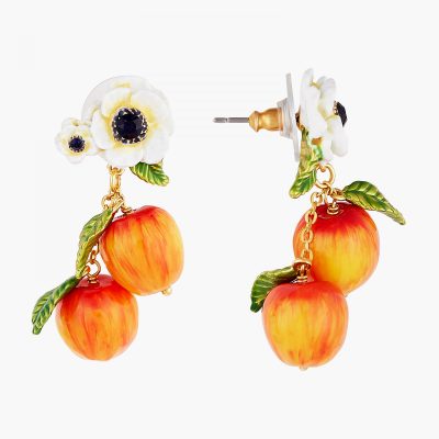 Boucles d'oreilles pendantes tiges fleurs de pavot blanc et pommes croquantes